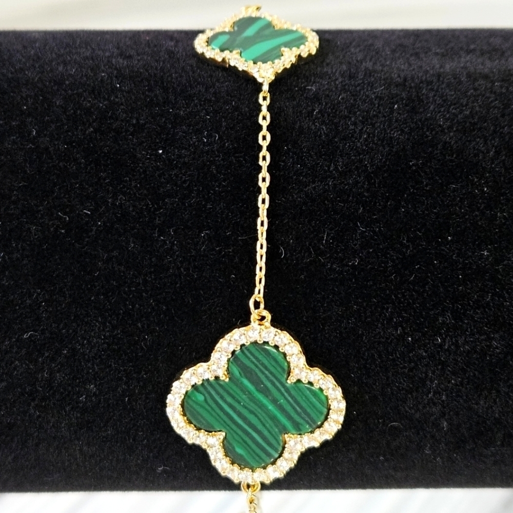 Rachel Zoe 3 Clover Alhambra Bracelet in GP Sterling Silver and Malachite NWT - Picture 5 of 8